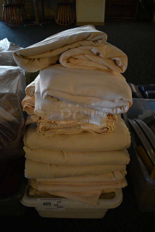 ALL ONE MONEY! Lot of 3 Bins of White and Maroon Tablecloths! 24x16x8.5. 54x120. (main dining room) - Image 2 of 5