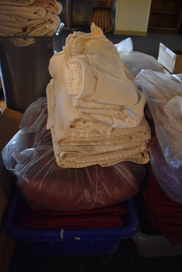 ALL ONE MONEY! Lot of 3 Bins of White and Maroon Tablecloths! 24x16x8.5. 54x120. (main dining room) - Image 4 of 5