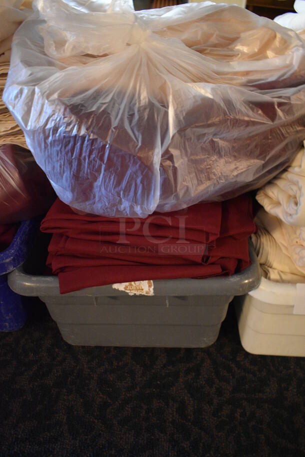 ALL ONE MONEY! Lot of 3 Bins of White and Maroon Tablecloths! 24x16x8.5. 54x120. (main dining room) - Image 5 of 5