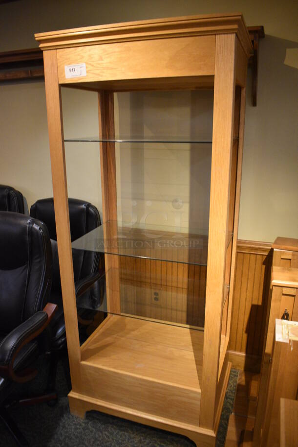 Wooden Shelving Unit w/ Glass Shelves. 33.5x23.5x78.5. (gift shop) - Image 1 of 4
