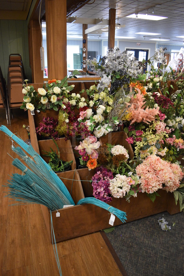ALL ONE MONEY! Mega Lot of Various Fake Flowers, Table and 2 Wooden Stands! BUYER MUST REMOVE. (garden center) - Image 5 of 10