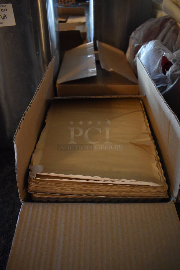 ALL ONE MONEY! Lot of 4 Boxes of Disposable Placemats! Tan and Maroon. 14x10. (main dining room)