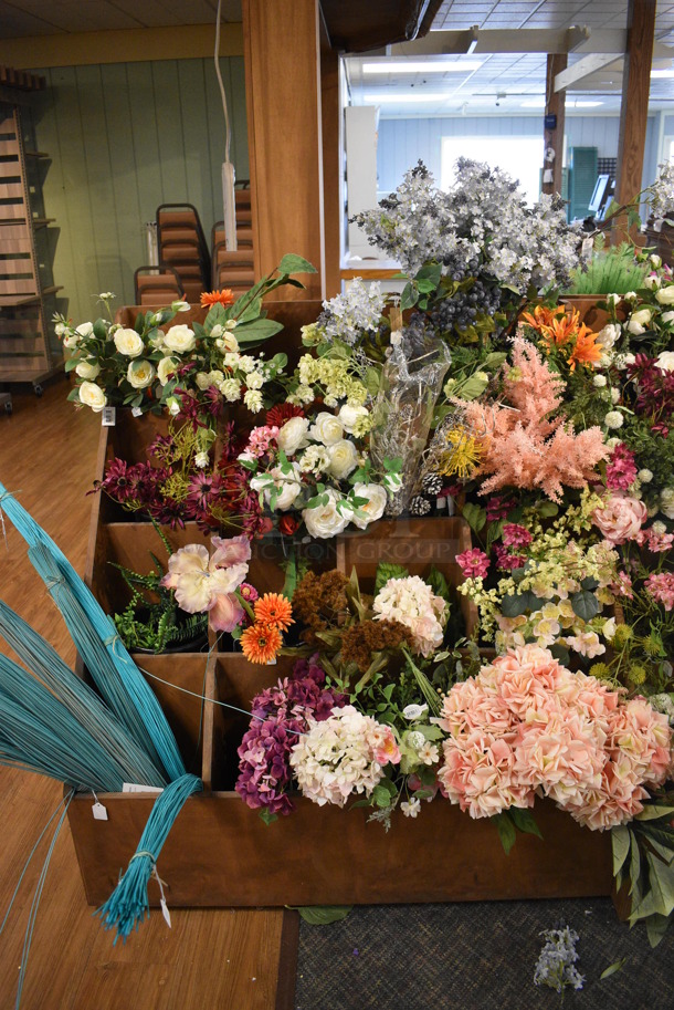 ALL ONE MONEY! Mega Lot of Various Fake Flowers, Table and 2 Wooden Stands! BUYER MUST REMOVE. (garden center) - Image 6 of 10