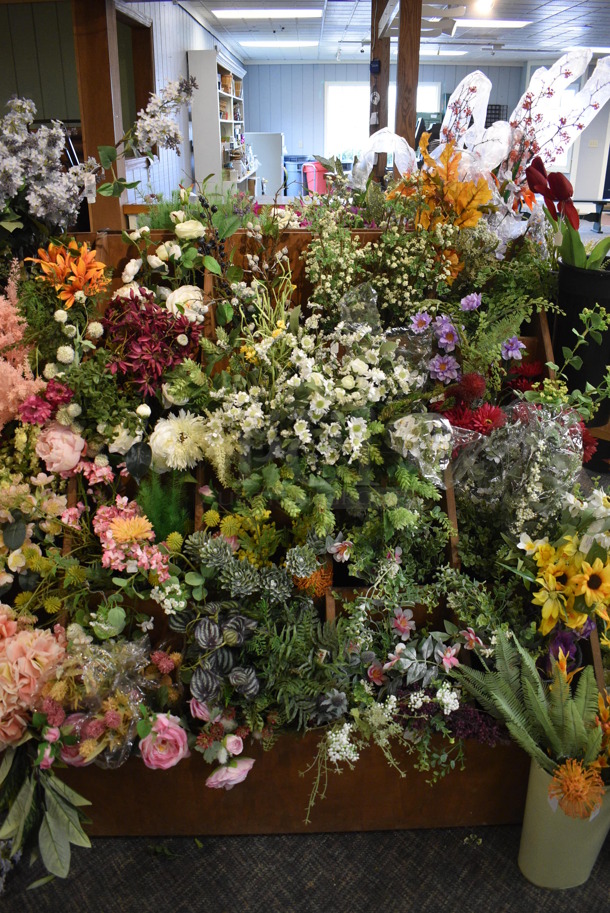 ALL ONE MONEY! Mega Lot of Various Fake Flowers, Table and 2 Wooden Stands! BUYER MUST REMOVE. (garden center) - Image 7 of 10