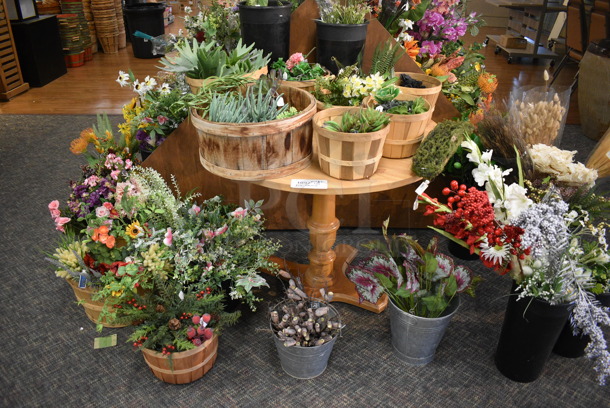 ALL ONE MONEY! Mega Lot of Various Fake Flowers, Table and 2 Wooden Stands! BUYER MUST REMOVE. (garden center) - Image 9 of 10