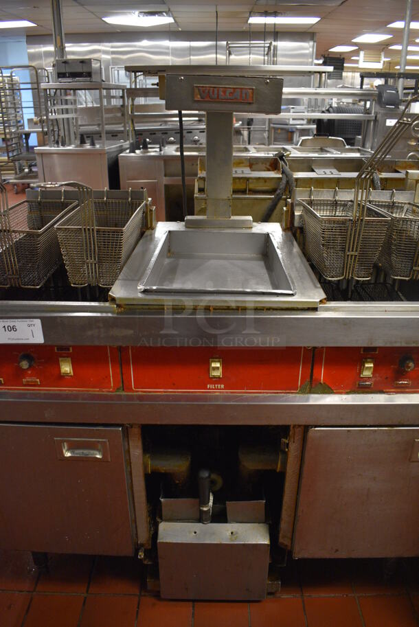 Vulcan Model SPERI-SESFABZ Stainless Steel Commercial Floor Style Electric Powered 2 Bay Fryer w/ Center Dumping Warming Station, Warming Strip and 4 Metal Fry Baskets. 208 Volts, 3 Phase. 46.5x28.5x53. Unit Was In Working Condition When Restaurant Closed. (kitchen) - Image 2 of 10