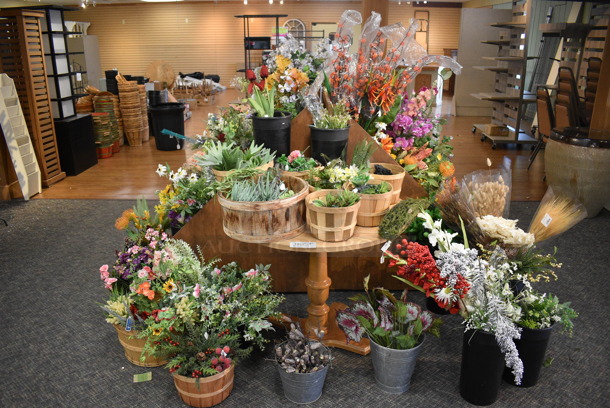 ALL ONE MONEY! Mega Lot of Various Fake Flowers, Table and 2 Wooden Stands! BUYER MUST REMOVE. (garden center) - Image 10 of 10
