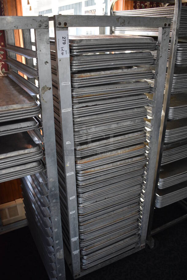 Metal Commercial Pan Transport Rack w/ 80 Metal Full Size Baking Pans on Commercial Casters. 22.5x26.5x64. 18x26x1. (sunroom dining room) - Image 2 of 5