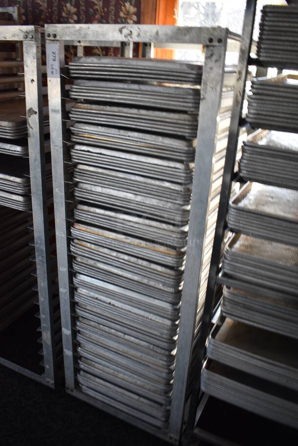 Metal Commercial Pan Transport Rack w/ 80 Metal Full Size Baking Pans on Commercial Casters. 22.5x26.5x64. 18x26x1. (sunroom dining room) - Image 3 of 5