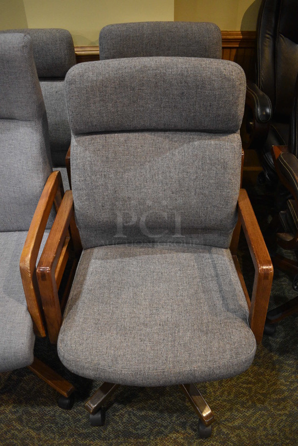 4 Gray Office Chairs w/ Wooden Arm Rests on Casters. Includes 23x24x40. 4 Times Your Bid! (gift shop) - Image 2 of 4