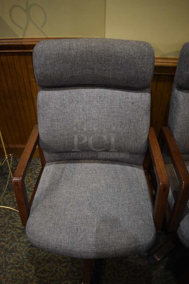 4 Gray Office Chairs w/ Wooden Arm Rests on Casters. Includes 23x24x40. 4 Times Your Bid! (gift shop) - Image 4 of 4