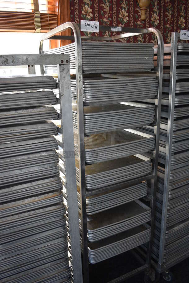Metal Commercial Pan Transport Rack w/ 74 Metal Full Size Baking Pans on Commercial Casters. 20.5x26x70.5. 18x26x1. (sunroom dining room) - Image 2 of 6