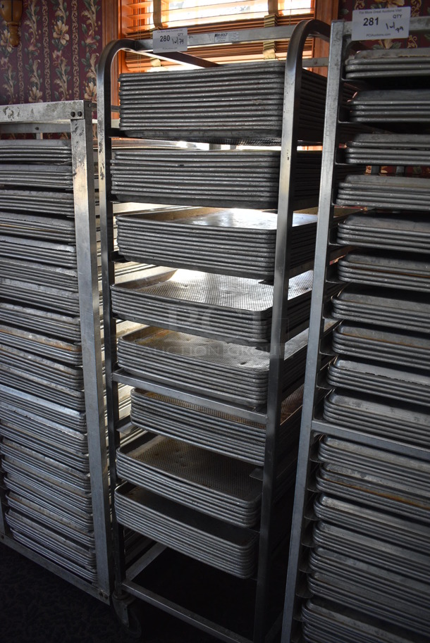 Metal Commercial Pan Transport Rack w/ 74 Metal Full Size Baking Pans on Commercial Casters. 20.5x26x70.5. 18x26x1. (sunroom dining room) - Image 3 of 6