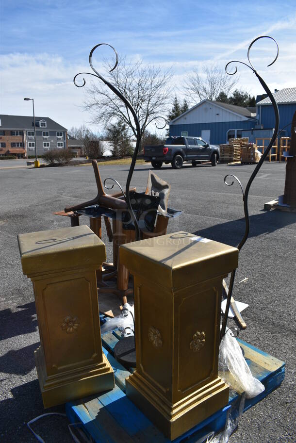 ALL ONE MONEY! Pallet Lot of Various Items Including 2 Metal Racks and 2 Gold Finish Columns. Includes 16x1634, 14x14x73. (warehouse) - Image 2 of 3