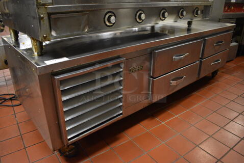 Traulsen Stainless Steel Commercial 4 Drawer Chef Base on Commercial Casters. 81.5x34.5x25.5. Unit Was In Working Condition When Restaurant Closed. (kitchen)