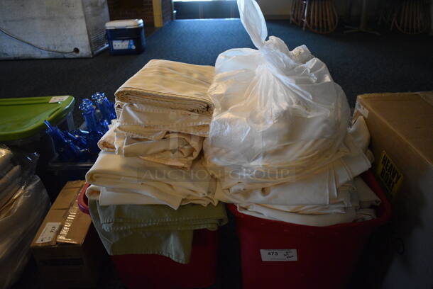 ALL ONE MONEY! Lot of 2 Bins of Various Tablecloths! Includes 23x16x16, 54x120. (main dining room)