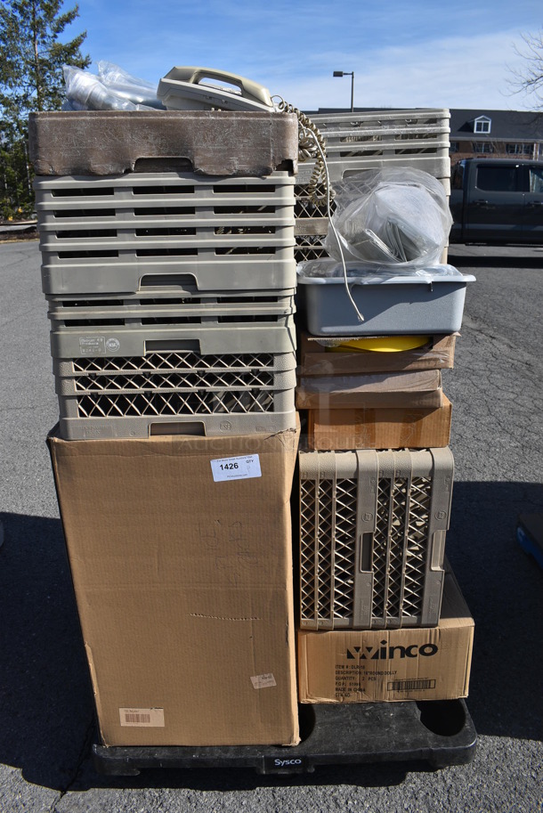 ALL ONE MONEY! Pallet Lot of Various Items Including Dish Caddies and Dolly. (warehouse) - Image 1 of 4