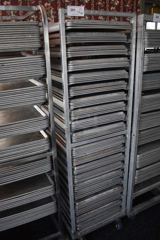 Metal Commercial Pan Transport Rack w/ 79 Metal Full Size Baking Pans on Commercial Casters. 20.5x26x68.5. 18x26x1. (sunroom dining room) - Image 2 of 5