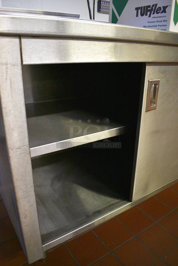 Stainless Steel Commercial Table w/ 2 Doors, Back Splash and Under Shelf. Does Not Include Contents. 90x27x40. (bakery kitchen) - Image 4 of 4