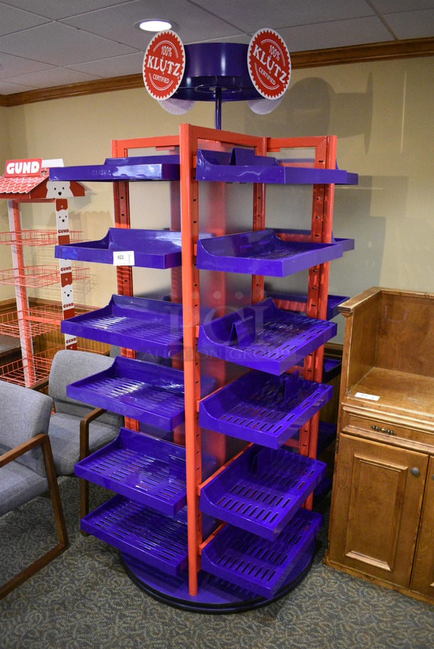 Red Metal Shelving Unit w/ Purple Poly Shelves. 42x42x95. (gift shop) - Image 3 of 4