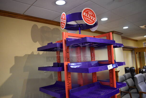 Red Metal Shelving Unit w/ Purple Poly Shelves. 42x42x95. (gift shop) - Image 4 of 4
