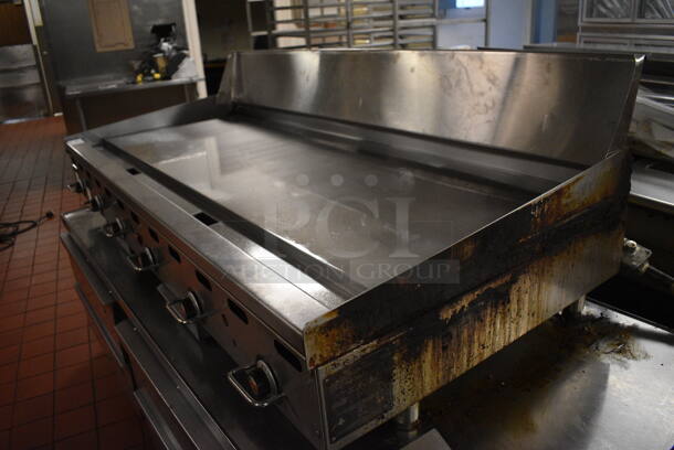 Vulcan Stainless Steel Commercial Countertop Natural Gas Powered Flat Top Griddle w/ Thermostatic Controls and Back Splash. 72x24x33. Unit Was In Working Condition When Restaurant Closed. (kitchen) - Image 6 of 7