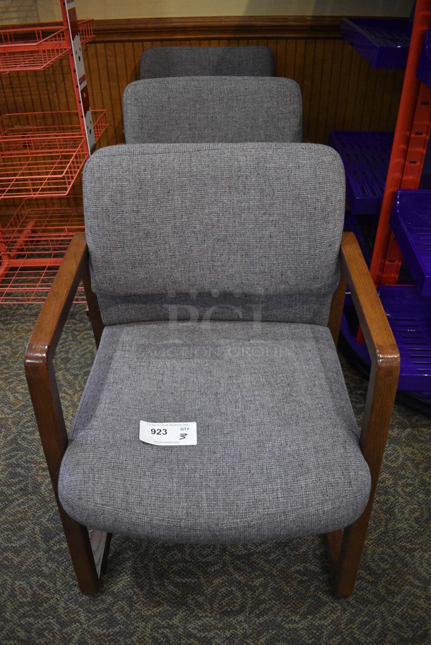 3 Gray Chairs w/ Wooden Arm Rests. 23x21x32. 3 Times Your Bid! (gift shop)