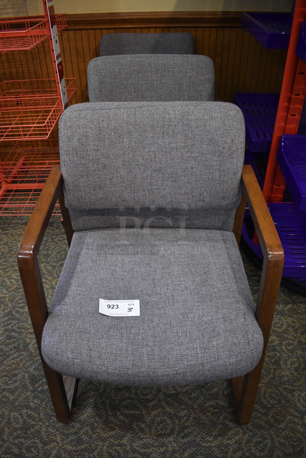 3 Gray Chairs w/ Wooden Arm Rests. 23x21x32. 3 Times Your Bid! (gift shop) - Image 1 of 4