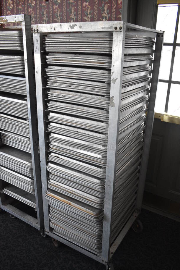 Metal Commercial Pan Transport Rack w/ 82 Metal Full Size Baking Pans on Commercial Casters. 22.5x26.5x66. 18x26x1. (sunroom dining room) - Image 2 of 5