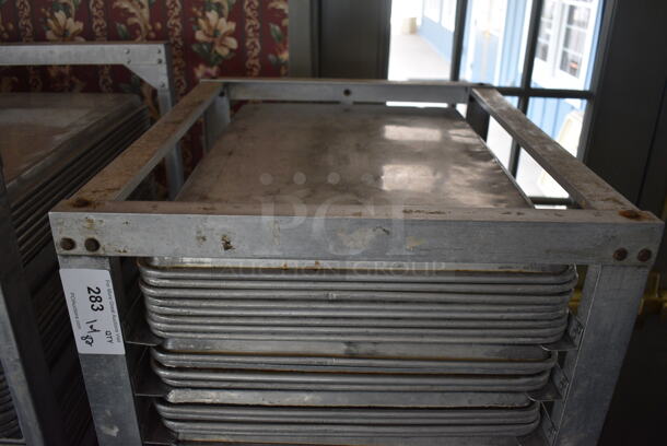 Metal Commercial Pan Transport Rack w/ 82 Metal Full Size Baking Pans on Commercial Casters. 22.5x26.5x66. 18x26x1. (sunroom dining room) - Image 3 of 5
