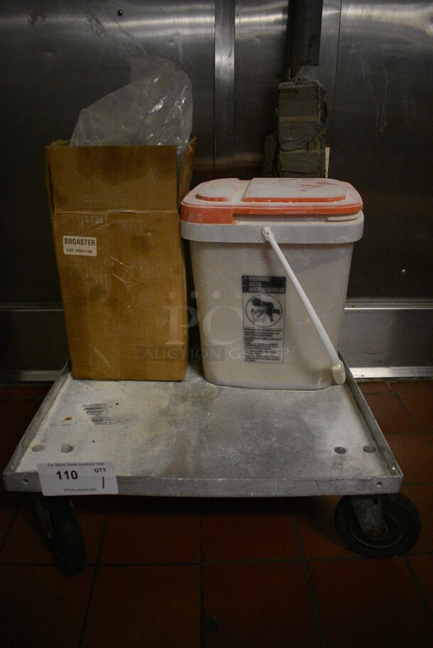 Metal Commercial Dolly w/ Fryer Oil Soak Up Powders on Commercial Casters. 21x21x7.5. (kitchen)