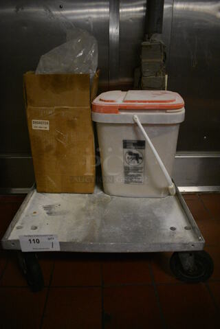 Metal Commercial Dolly w/ Fryer Oil Soak Up Powders on Commercial Casters. 21x21x7.5. (kitchen)