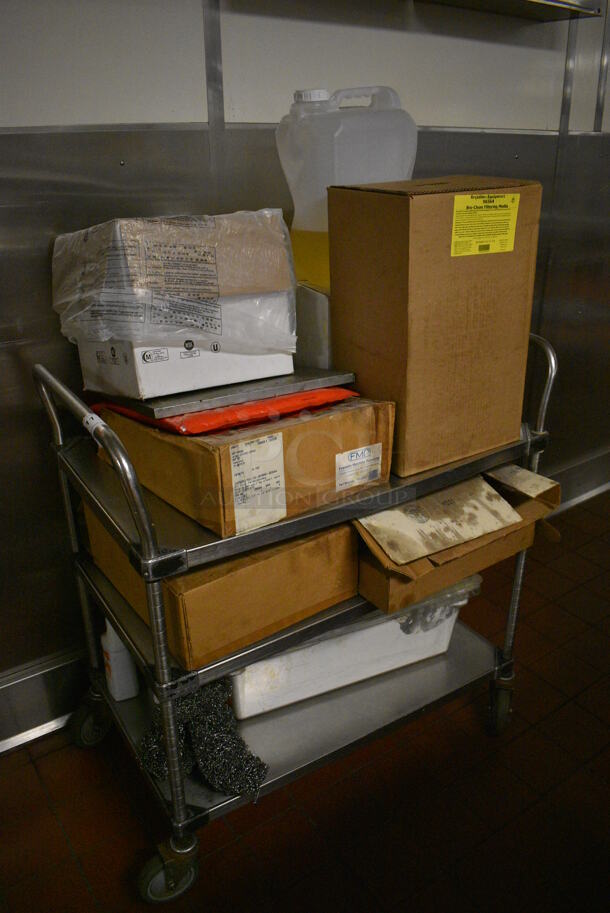 Stainless Steel Commercial 3 Tier Cart w/ Push Handles and Contents on Commercial Casters. 36x21x39. (kitchen)