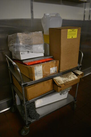 Stainless Steel Commercial 3 Tier Cart w/ Push Handles and Contents on Commercial Casters. 36x21x39. (kitchen)