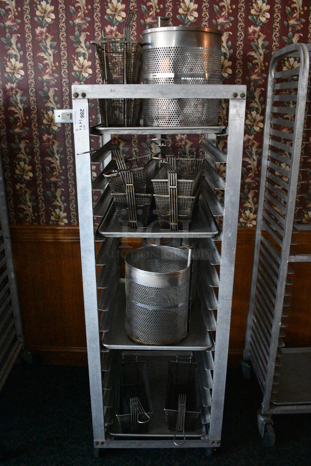 Metal Commercial Pan Transport Rack w/ 8 Metal Fry Baskets and 2 Colander Pots on Commercial Casters. 22.5x26.5x64. (sunroom dining room)