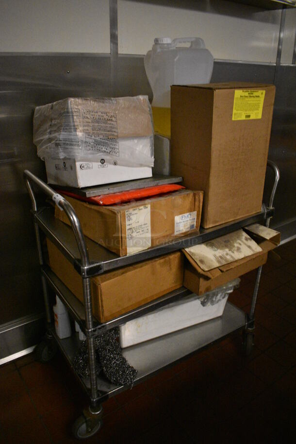Stainless Steel Commercial 3 Tier Cart w/ Push Handles and Contents on Commercial Casters. 36x21x39. (kitchen) - Image 2 of 6