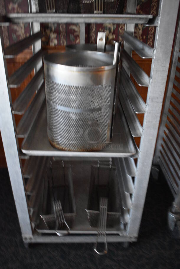 Metal Commercial Pan Transport Rack w/ 8 Metal Fry Baskets and 2 Colander Pots on Commercial Casters. 22.5x26.5x64. (sunroom dining room) - Image 3 of 5