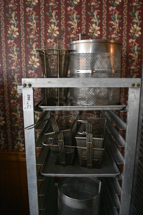 Metal Commercial Pan Transport Rack w/ 8 Metal Fry Baskets and 2 Colander Pots on Commercial Casters. 22.5x26.5x64. (sunroom dining room) - Image 4 of 5