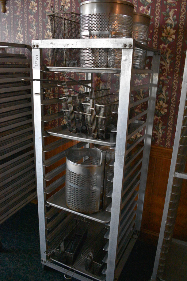 Metal Commercial Pan Transport Rack w/ 8 Metal Fry Baskets and 2 Colander Pots on Commercial Casters. 22.5x26.5x64. (sunroom dining room) - Image 5 of 5