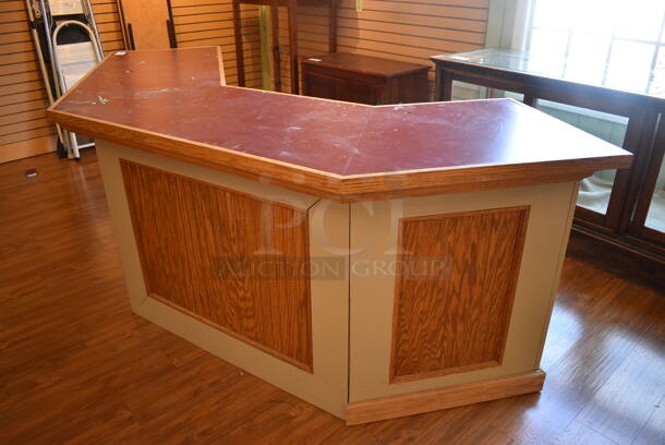 Wooden Curved Counter. BUYER MUST REMOVE. 112x25.5x37. (garden center) - Image 5 of 6