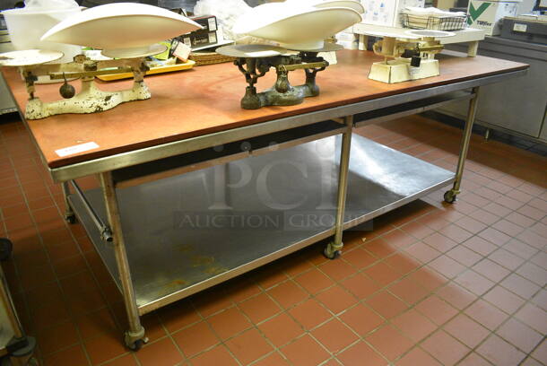Stainless Steel Commercial Table w/ Cutting Board Tabletop and Under Shelf on Commercial Casters. 96x60x36.5. (bakery kitchen) - Image 1 of 3