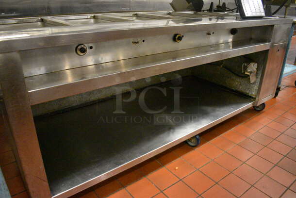 Stainless Steel Commercial 5 Well Steam Table w/ 2 Plate Return Chutes, Tray Slide, 2 Over Shelves and Under Shelf on Commercial Casters. 88.5x45x64.5. Unit Was In Working Condition When Restaurant Closed. (kitchen) - Image 4 of 9