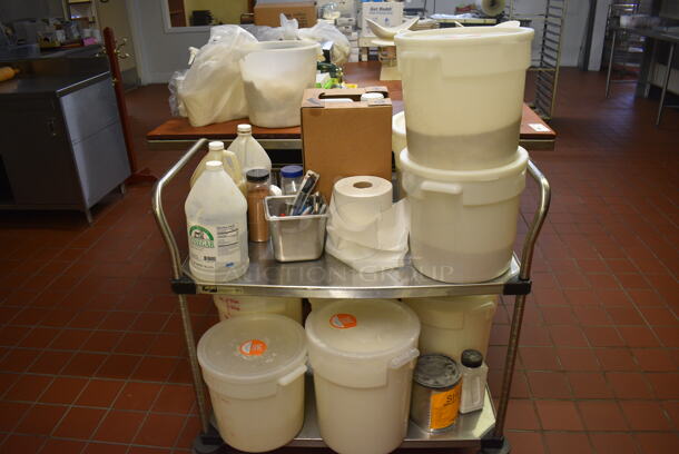 ALL ONE MONEY! Lot of 2 Tier Metal Cart w/ 2 Push Handles, Poly Bins, Spices, Vinegar and Pens on Commercial Casters. 36x21x39. (bakery kitchen)  - Image 1 of 6
