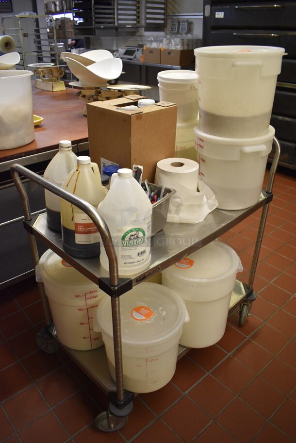 ALL ONE MONEY! Lot of 2 Tier Metal Cart w/ 2 Push Handles, Poly Bins, Spices, Vinegar and Pens on Commercial Casters. 36x21x39. (bakery kitchen)  - Image 2 of 6