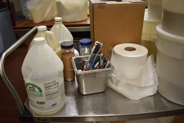 ALL ONE MONEY! Lot of 2 Tier Metal Cart w/ 2 Push Handles, Poly Bins, Spices, Vinegar and Pens on Commercial Casters. 36x21x39. (bakery kitchen)  - Image 3 of 6