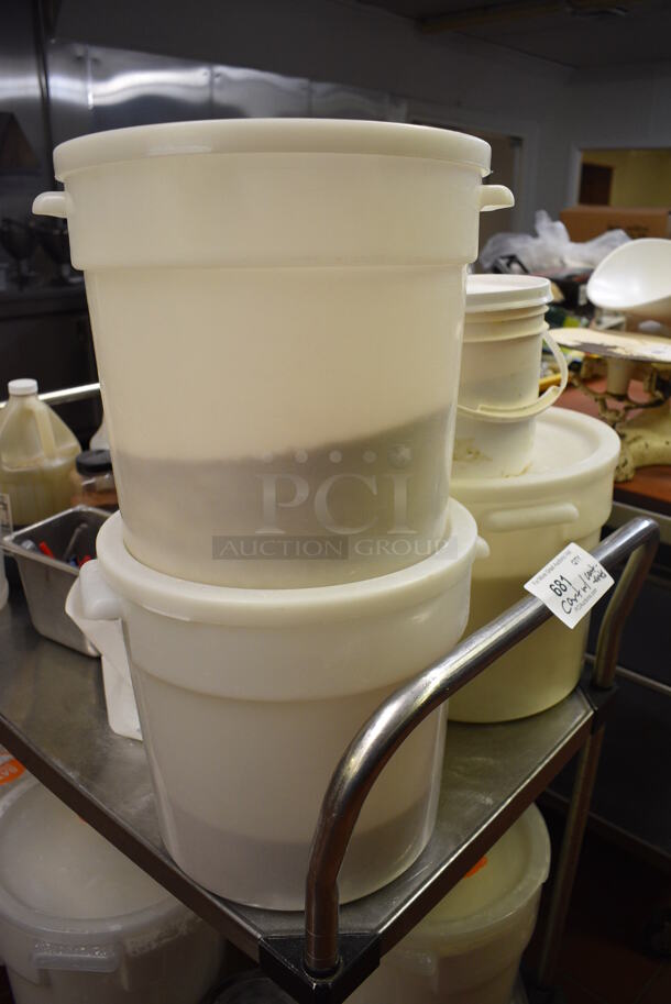 ALL ONE MONEY! Lot of 2 Tier Metal Cart w/ 2 Push Handles, Poly Bins, Spices, Vinegar and Pens on Commercial Casters. 36x21x39. (bakery kitchen)  - Image 5 of 6
