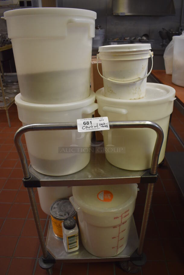 ALL ONE MONEY! Lot of 2 Tier Metal Cart w/ 2 Push Handles, Poly Bins, Spices, Vinegar and Pens on Commercial Casters. 36x21x39. (bakery kitchen)  - Image 6 of 6