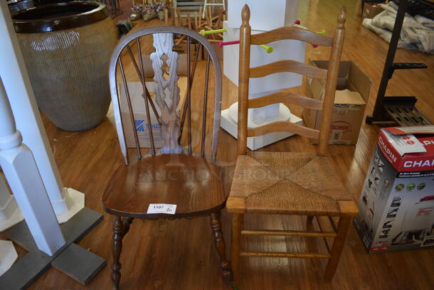 2 Wooden Dining Chairs. 19x16x42, 19x21x39. 2 Times Your Bid! (garden center)