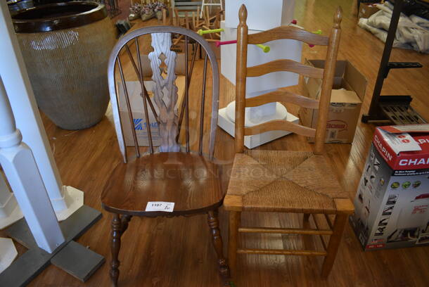 2 Wooden Dining Chairs. 19x16x42, 19x21x39. 2 Times Your Bid! (garden center) - Image 1 of 5