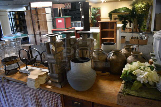ALL ONE MONEY! Lot of Wooden Counter and Various Contents Including Lamps! BUYER MUST REMOVE. 235x28x36 (garden center) - Image 3 of 12